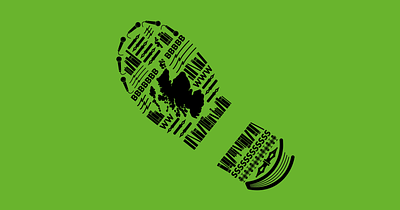 An illustration of a shoe print made of icons on a green background. The icons include a microphone, pens, books, a map of Scotland and the letters BWS